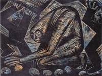 Kartoffelleserin mit schreienden Knaben, 1983, Farbholzschnitt, 36&nbsp;x&nbsp;47,7&nbsp;cm