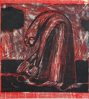Kartoffelleserin mit schwarzer Wolke, 1983, Farbholzschnitt, 40&nbsp;x&nbsp;36,2&nbsp;cm